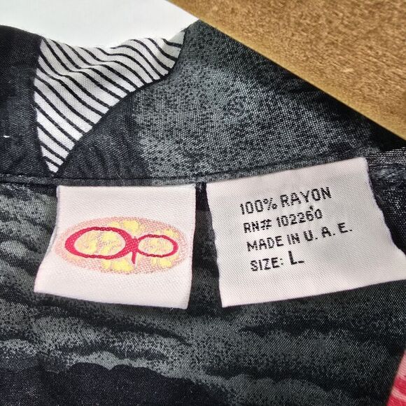 Vintage OP Shirt Mens Medium Black Green Button Up Short Hawaiian Leaf Tropical - Picture 3 of 10